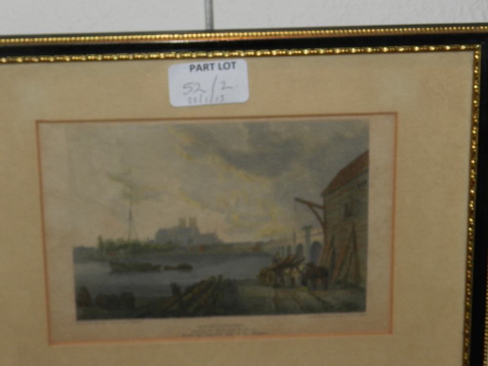 A pair of framed prints of 19th century views of Vauxhall bridge and Westminster bridge.