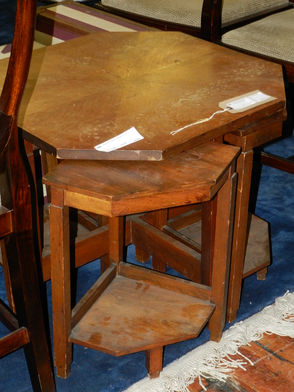 A Art Deco walnut occasional nest of tables with matching side tables.