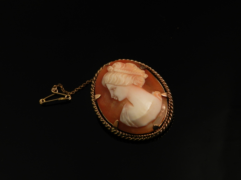 A 9ct gold mounted cameo brooch carved with a portrait of a lady.