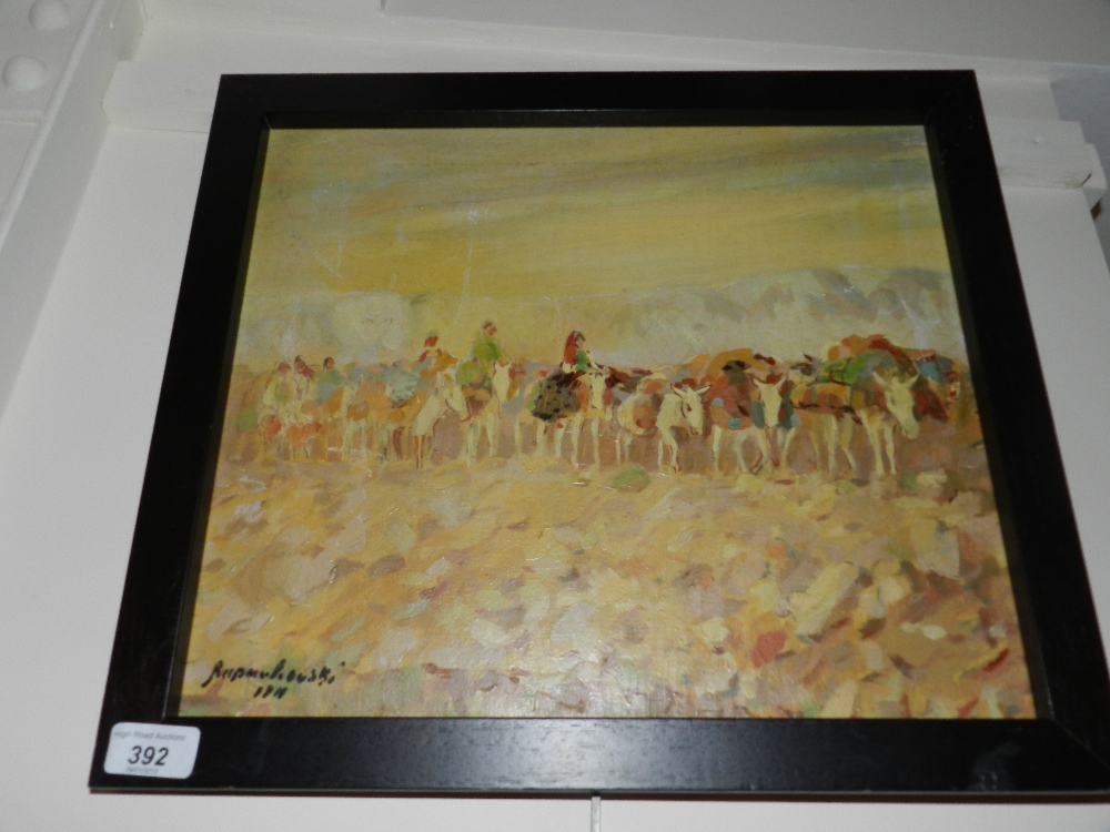 An ebonised framed Russian oil on board, The donkey caravan. signed lower left.