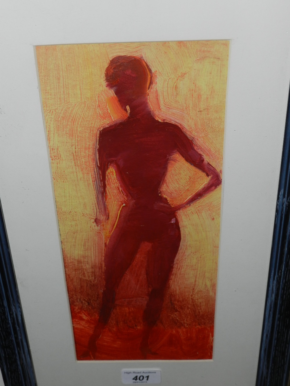 Framed and glazed oil of a silhouette of a nude lady in an impressionist style, by artist Mark