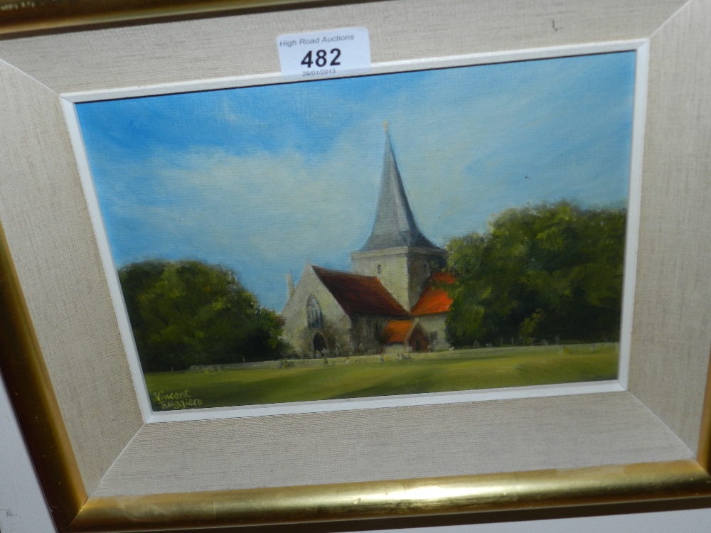 An oil on board of an English church in a rural setting signed bottom left Vincent Ruggiero.