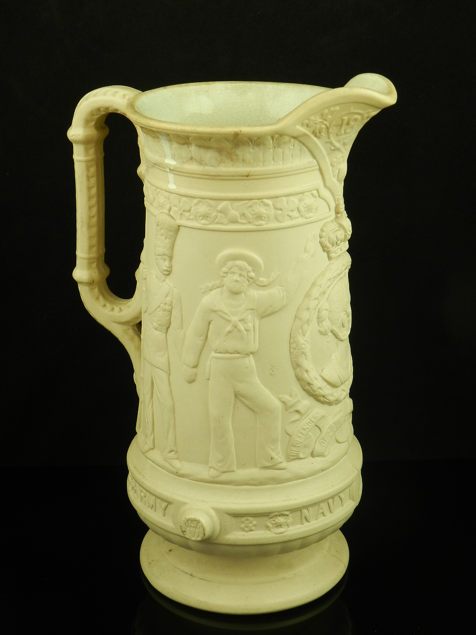 A Sandford pottery Crimean war commemorative jug dated 1860 with a Victorian  kite mark to base.