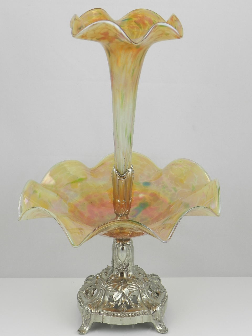 A large carnival glass epergne and fruit dish. Tortoiseshell effect carnival glass, pierced leaf