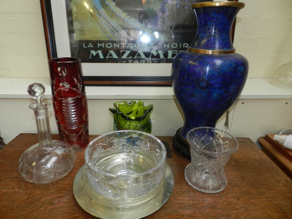 A large Chinese blue cloisonne vase, along with two other crystal examples, fruit bowl and other