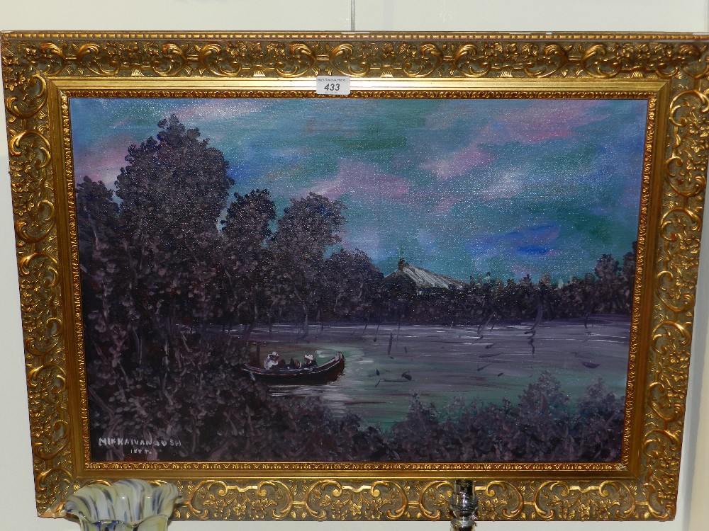 A framed eastern oil on canvas of a figure in a boat on a river, signed lower right