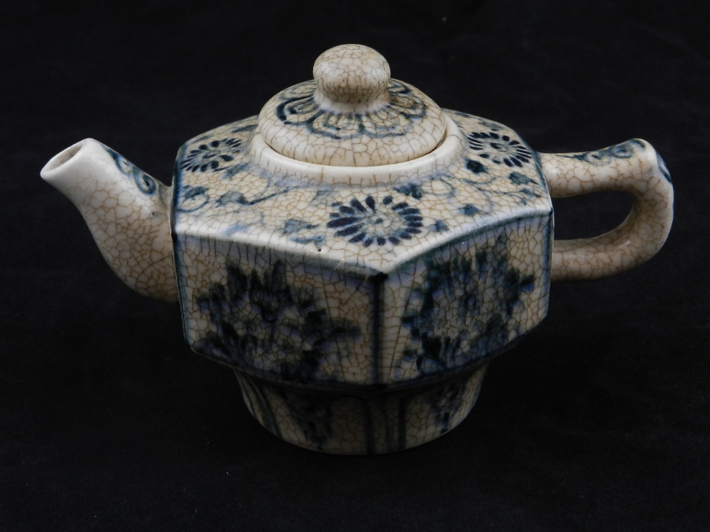 A 19th century blue crackle glaze hexagonal teapot.