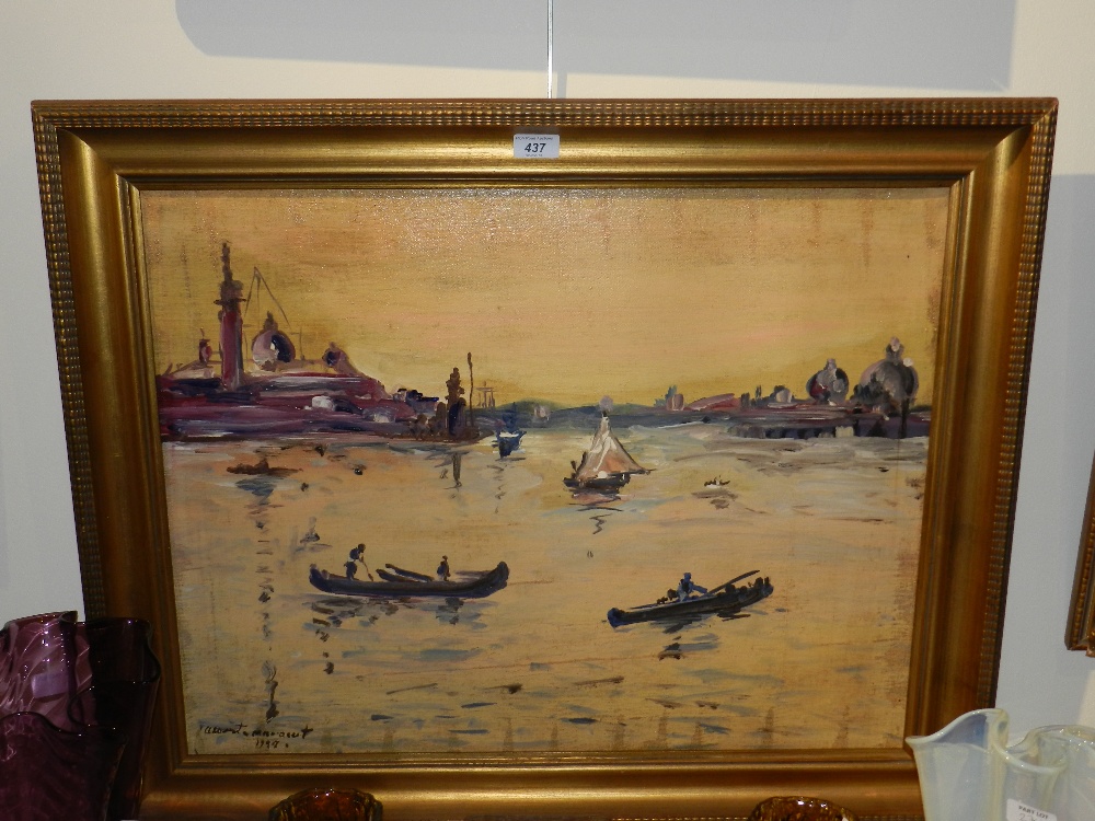 A gilt framed oil on canvas of a river scene with boats to the foreground