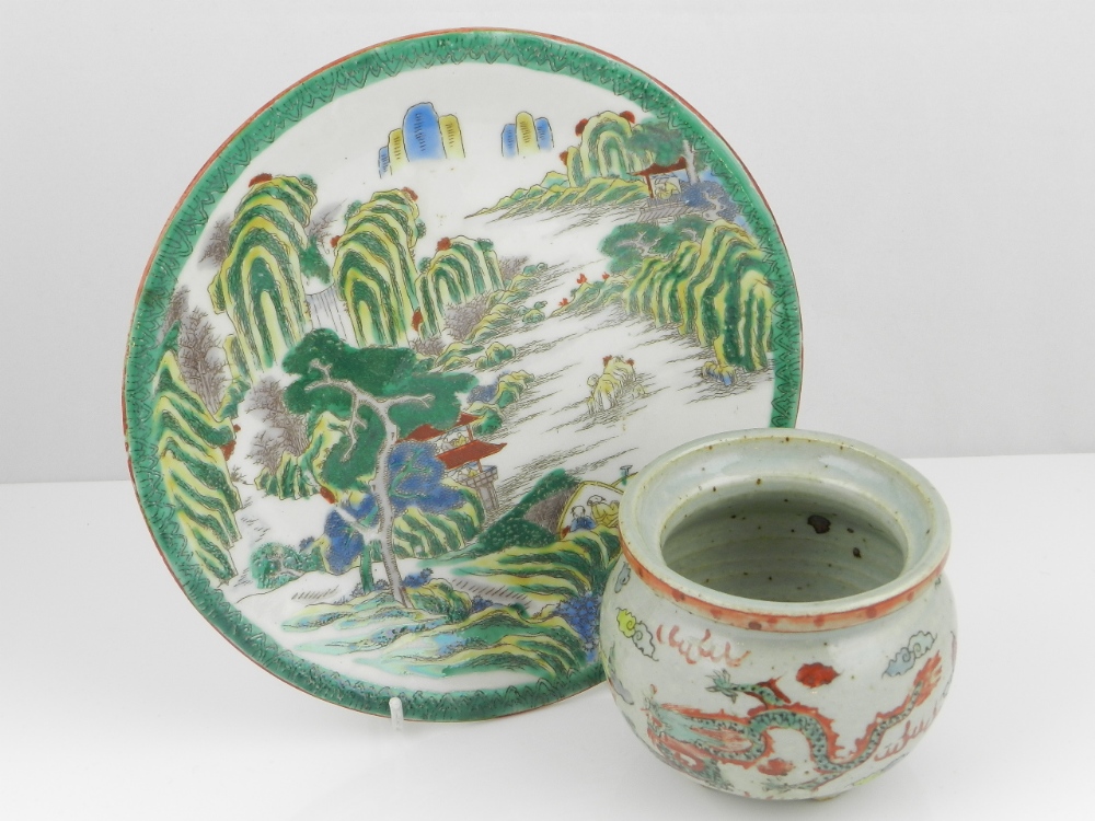 A Chinese early 20th Century plate decorated with a river and idealized landscape. Along with a