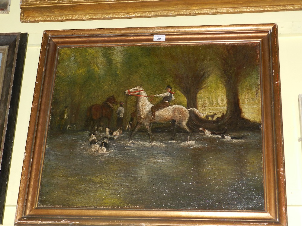 A framed oil on canvas of otter hunters in France signed "Beron"