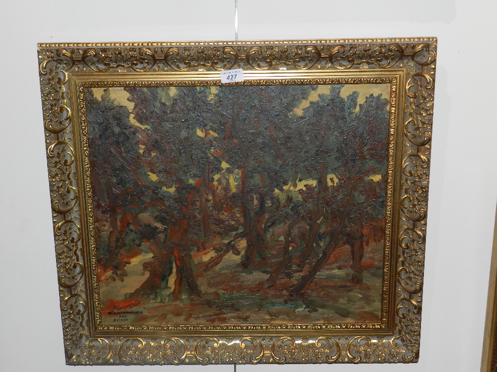 A gilt framed oil on canvas country scene with trees