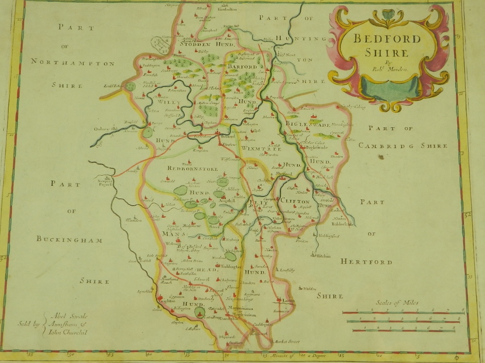 A 17th Century hand coloured map of Bedfordshire by Robert Morden.