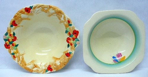 A Newport Pottery Clarice Cliff Celtic Harvest bowl and a Wilkinson crocus patterned dish