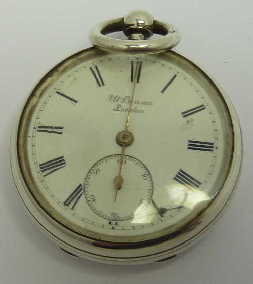 A silver pocket watch by J.W.Benson, London, case hallmarked London 1896, inside case bears