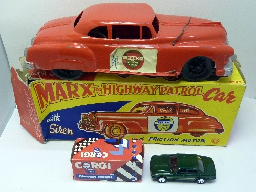 A Marx Toy Highway Patrol Car and a Corgi Jaguar XJ40, both boxed