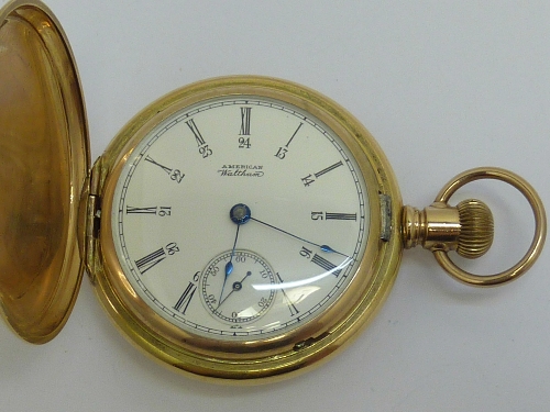 An American Waltham full hunter top wind gold plated pocket watch, inside case bears inscription