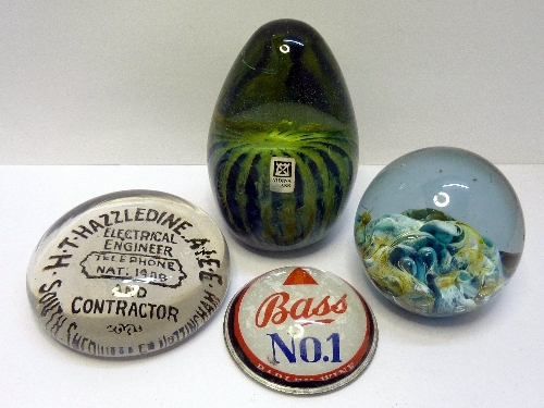 Two advertising paperweights, Bass No. 1 and H.T. Hazzledine Electrical Engineer and two M`dina