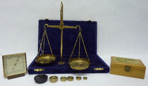 A Prestige thermometer, a treen box and a cased set of scales and weights