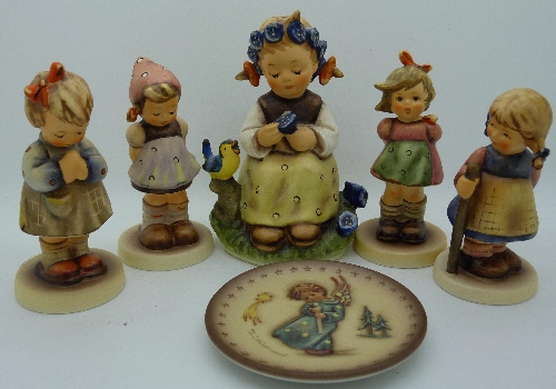 Five Hummel figures, Free Spirit, Evening Prayer, Pixie, Petty Please and The Botanist and a Goebels