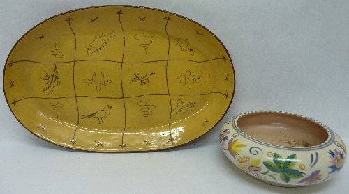 A Poole bowl and a Studio pottery dish, signed D.M.P. Jan. 59