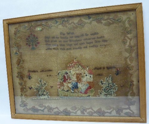 A Victorian woolwork sampler, The Wish, by Elizabeth Marsden Aged 11 years 1842, embroidered with