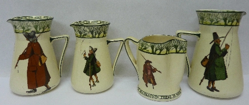 Four Royal Doulton Gallant Fishers Series ware jugs by Noke, height of tallest 18.5cms