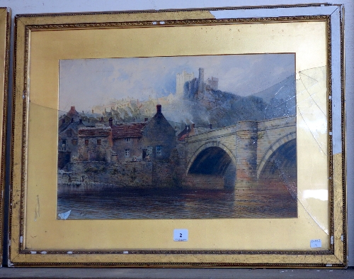 English School, landscape with a bridge and a castle, monogrammed W.M. and dated 1881,