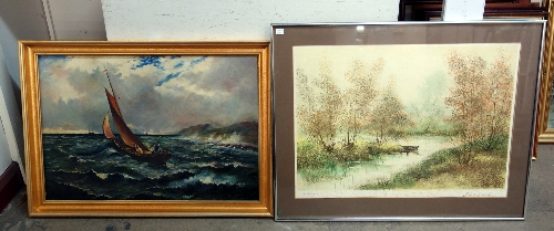 A marine oil on canvas and a limited edition print, framed