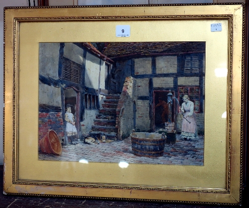 English School, figures in a courtyard, watercolour, monogrammed W.M. and dated 1883, framed