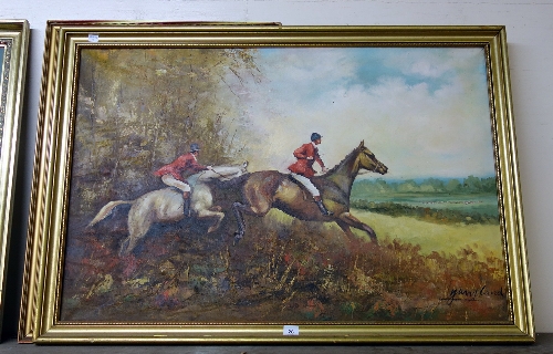 English School, fox hunting scene, oil on canvas, framed