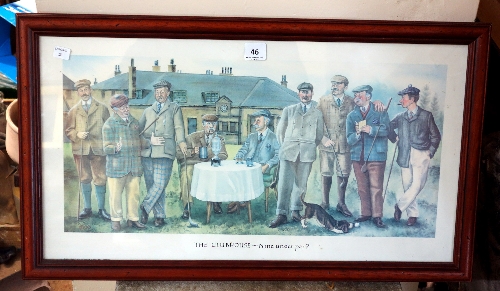 A humorous golfing print, The clubhouse, framed