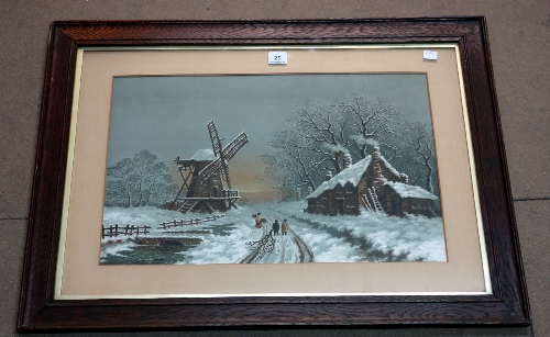 A winter landscape print, framed