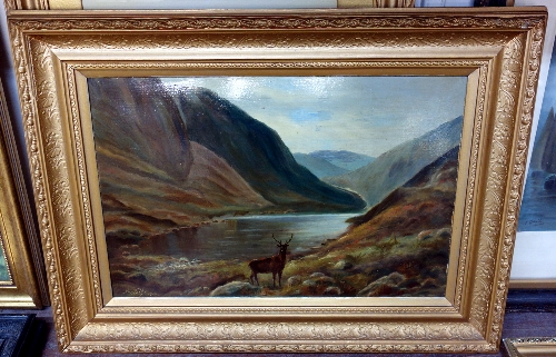Scottish School, Highland landscape with deer, oil on board, monogrammed M.B.Y. and dated 1914,