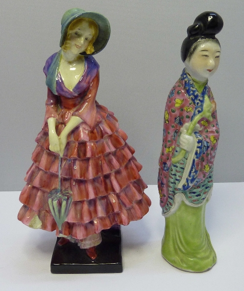 A Royal Doulton figure, Priscilla HN1340 and an oriental figure, both a/f.