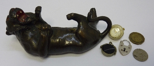 An oriental bronze tiger a/f, a pendant ball watch, etc.