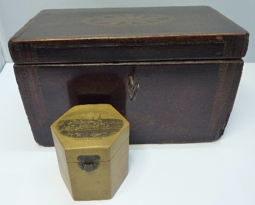 A George III inlaid mahogany tea caddy, height 12cms, width 19cms, a/f and a Victorian Mauchline