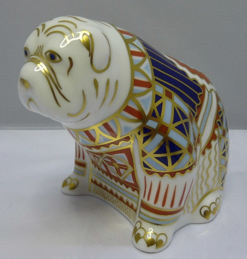 A Royal Crown Derby paperweight, Bulldog bearing signature, with gold stopper and box