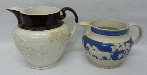 Two 19th Century stoneware jugs, both relief moulded with hunting scenes, height of tallest 18cms,