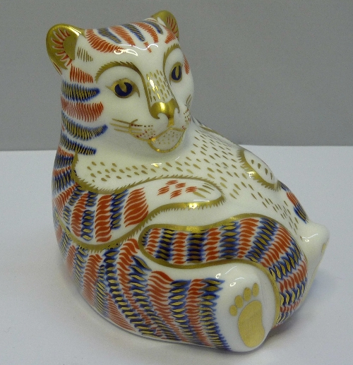 A Royal Crown Derby paperweight, Tiger Cub, with gold stopper and box