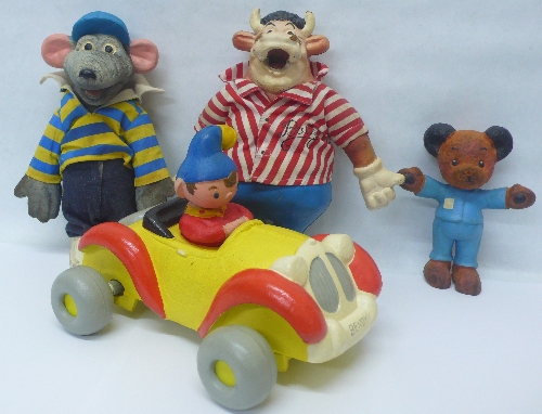 Four Bendy toys, comprising Bully, Noddy in car, Roland Rat and Sooty