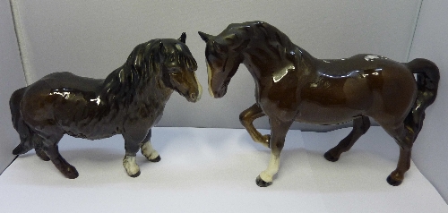 Two Beswick horses, Shetland Pony, model number 1033, height 14.5cms and Stocky Jogging Mare,