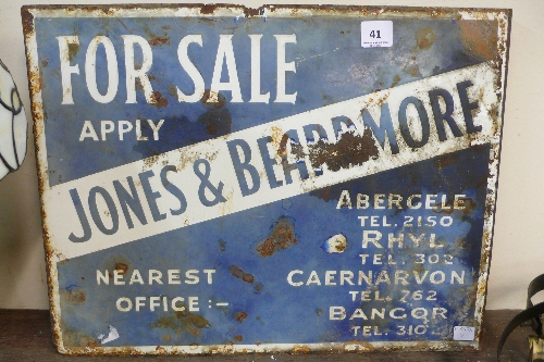 An enamelled Jones and Beardmore For Sale sign