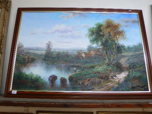 T. Hyacinth, landscape with a figure fishing on a lake, oil on canvas, framed