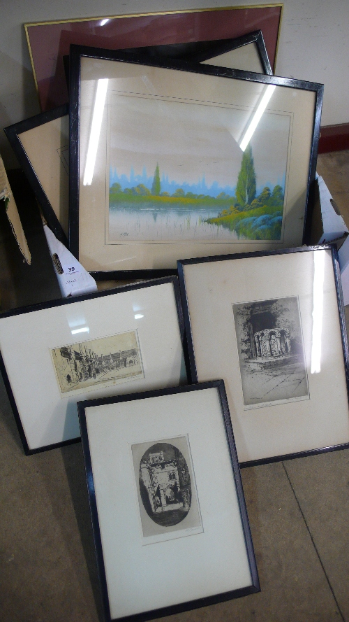 A box of assorted watercolours, engravings and prints, all framed