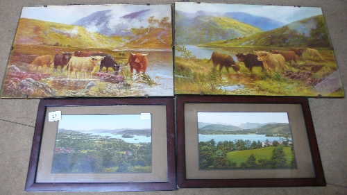 A pair of Highland cattle prints and a pair of photographic landscapes