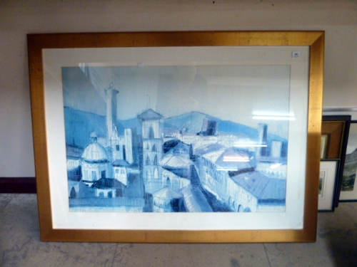 A landscape print, framed