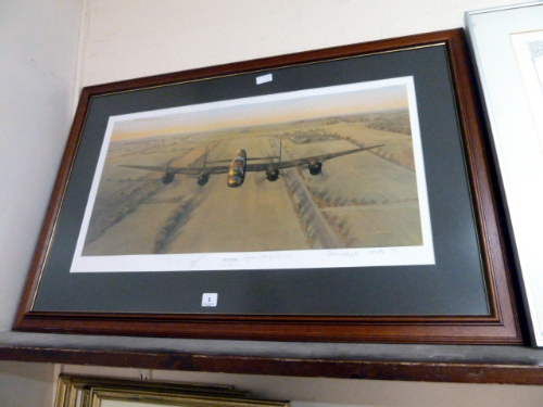 A Gerald Coulson print, titled Merlin`s Thunder, bearing signatures, framed