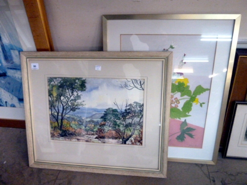 A landscape watercolour and a still life watercolour, both framed