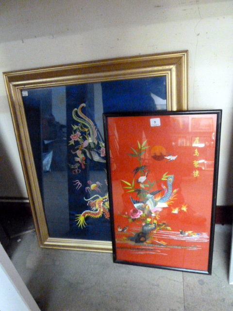 Two Chinese embroideries, framed