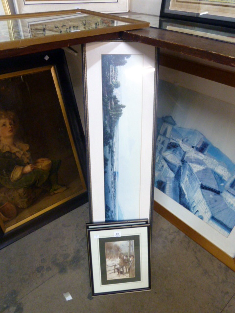 A pair of hunting prints and another print, all framed